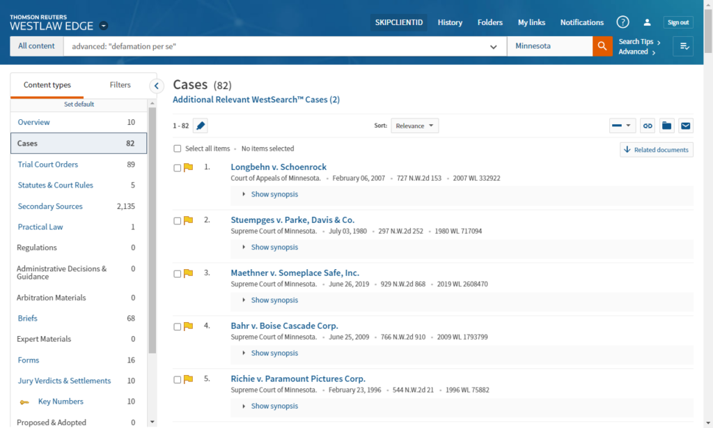 Westlaw Search - Defamation Per Se